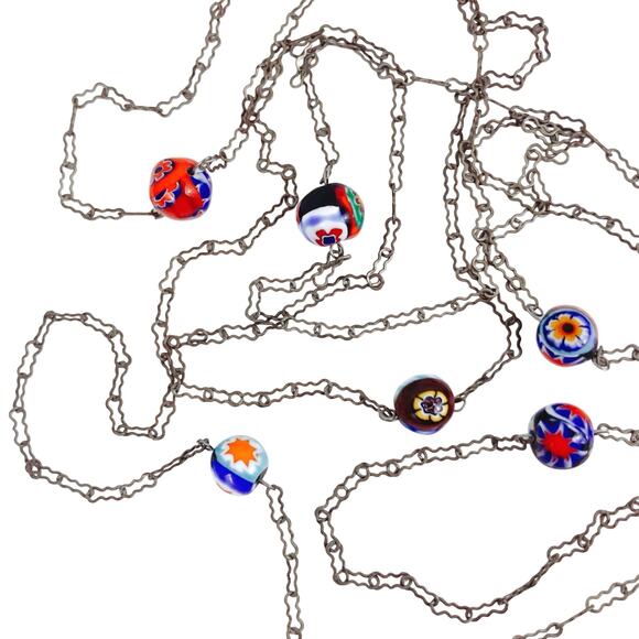 VTG 1950s 60s Millefiori Glass Bead Necklace Long Opera Silver Tone 54" Colorful - Picture 1 of 14